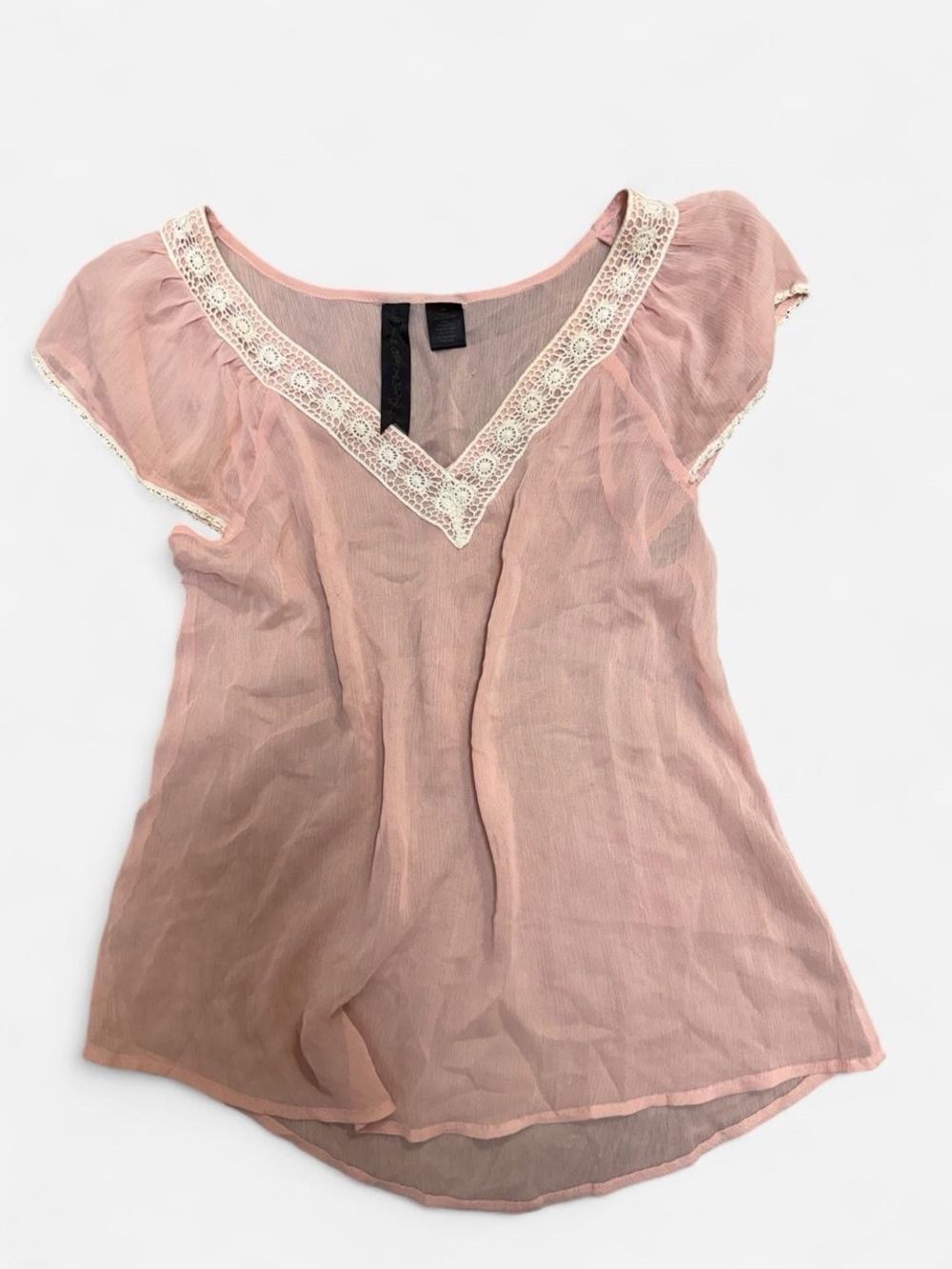 Petticoat Alley Dusty Blush Sheer Lace-Trim V-Neck Blouse